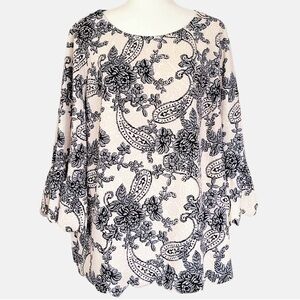 NWOT Roz & Ali Floral Paisley Bell Sleeve Top - Black/Tan/Cream - 3X